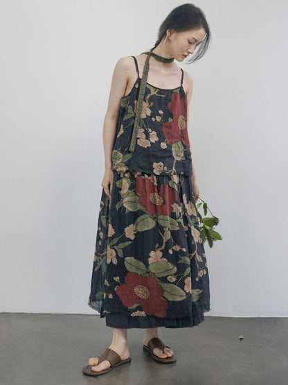 Plus Size Women Summer Vintage Flower Ramie Vest LL056