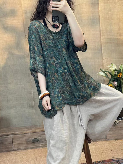 Women Summer Vintage Flower O-Neck Linen Shirt II1056