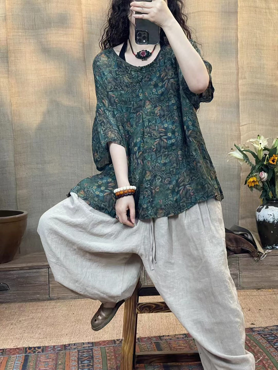 Women Summer Vintage Flower O-Neck Linen Shirt II1056