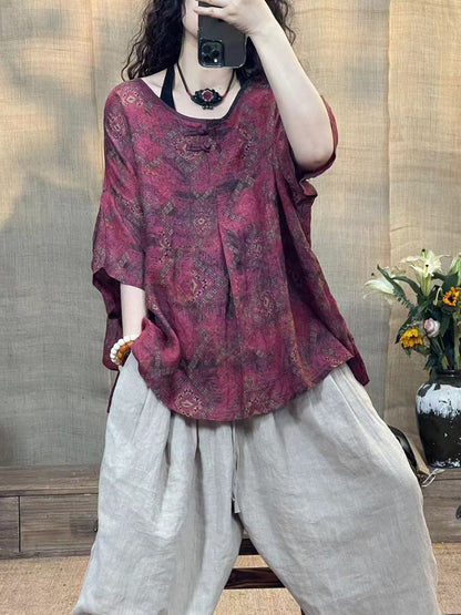 Women Summer Vintage Flower O-Neck Linen Shirt II1056