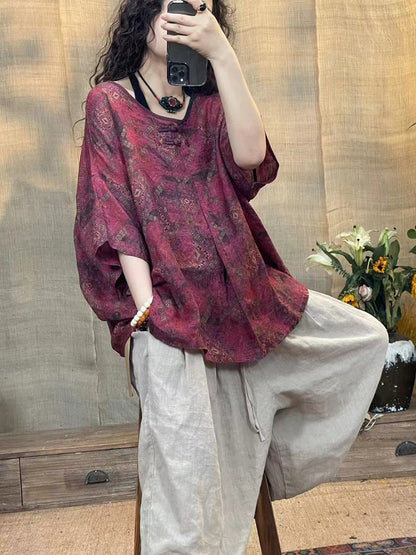 Women Summer Vintage Flower O-Neck Linen Shirt II1056