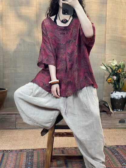 Women Summer Vintage Flower O-Neck Linen Shirt II1056