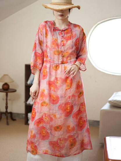 Women Summer Artsy Flower Thin Ramie Dress II1006