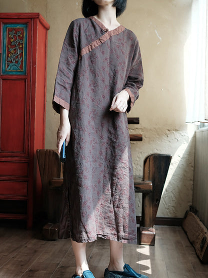 Women Summer Vintage Floral Spliced V-Neck Linen Dress II1013