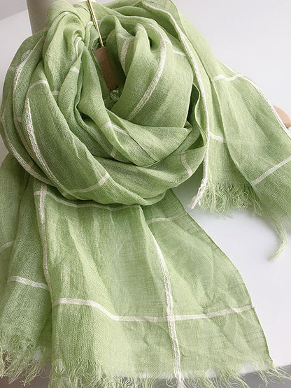 Women Artsy Plaid Linen Shawl Tassel Scarf HH017