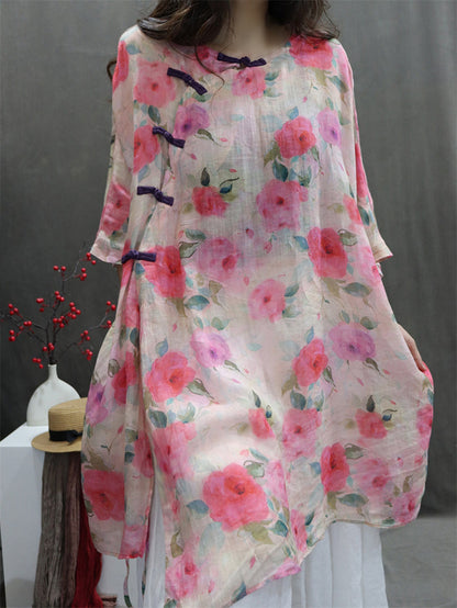 Plus Size Women Artsy Flower Button 100%Ramie Loose Shirt HH029