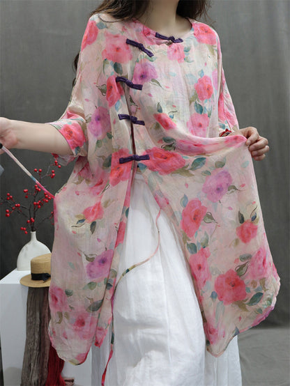 Plus Size Women Artsy Flower Button 100%Ramie Loose Shirt HH029