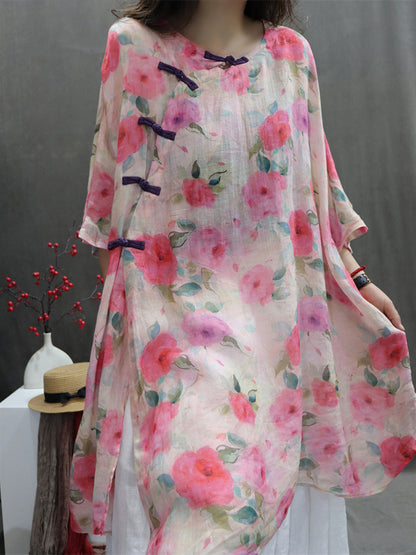 Plus Size Women Artsy Flower Button 100%Ramie Loose Shirt HH029