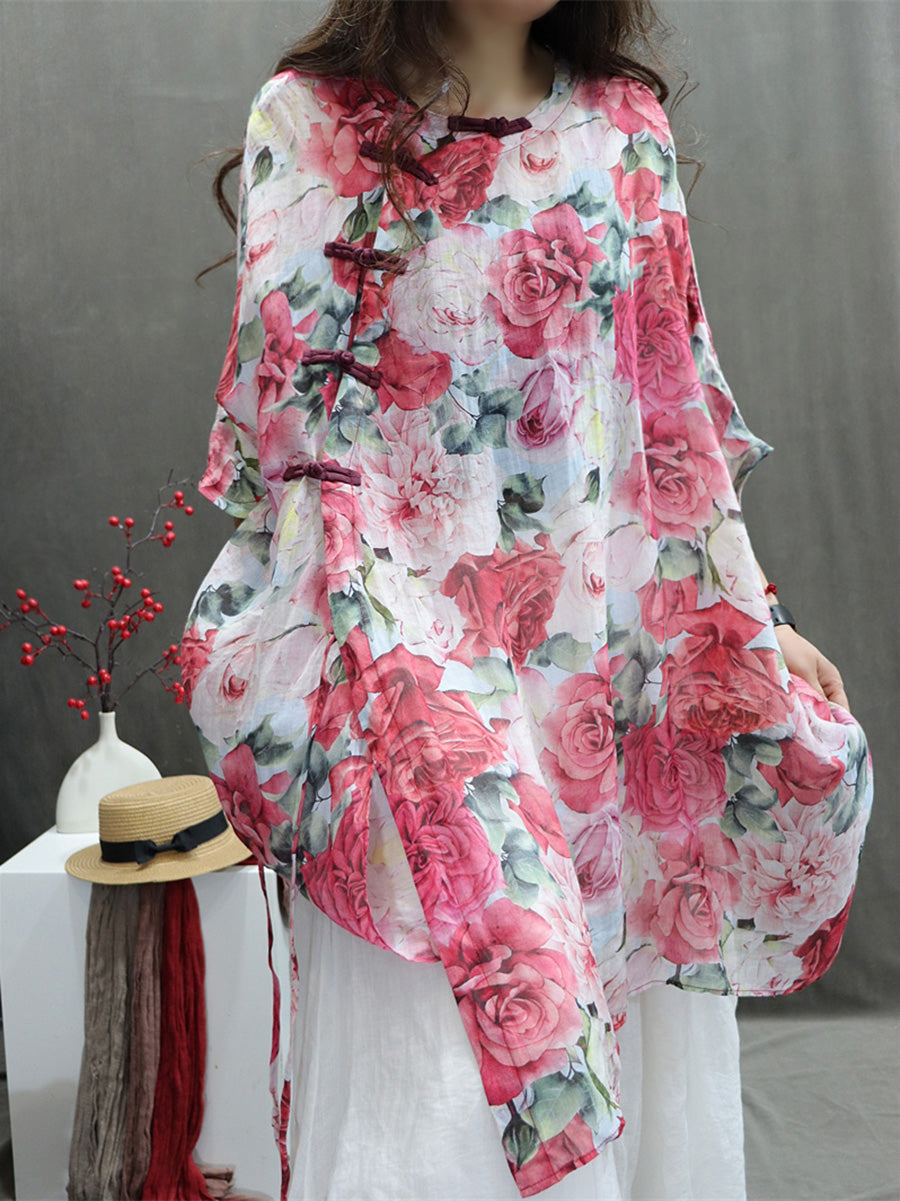 Plus Size Women Artsy Flower Button 100%Ramie Loose Shirt HH029