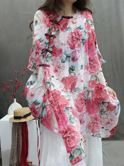 Plus Size Women Artsy Flower Button 100%Ramie Loose Shirt HH029