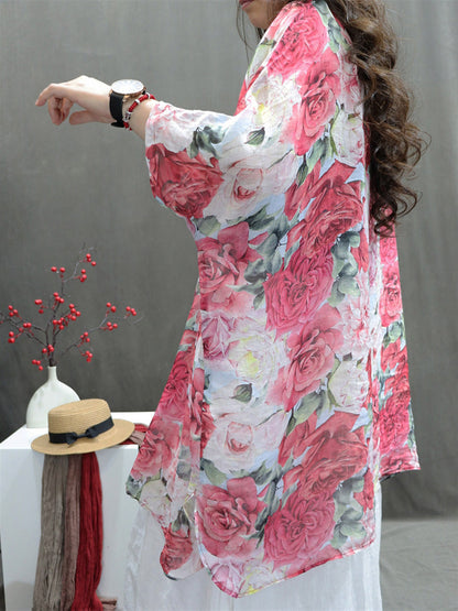 Plus Size Women Artsy Flower Button 100%Ramie Loose Shirt HH029