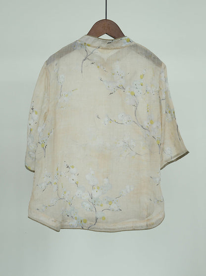 Women Ethnic Flower Print Slant Buckle Ramie Shirt CC044