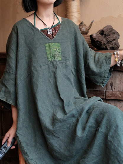 Women Summer Vintage Spliced V-Neck 100%Linen Dress CC048