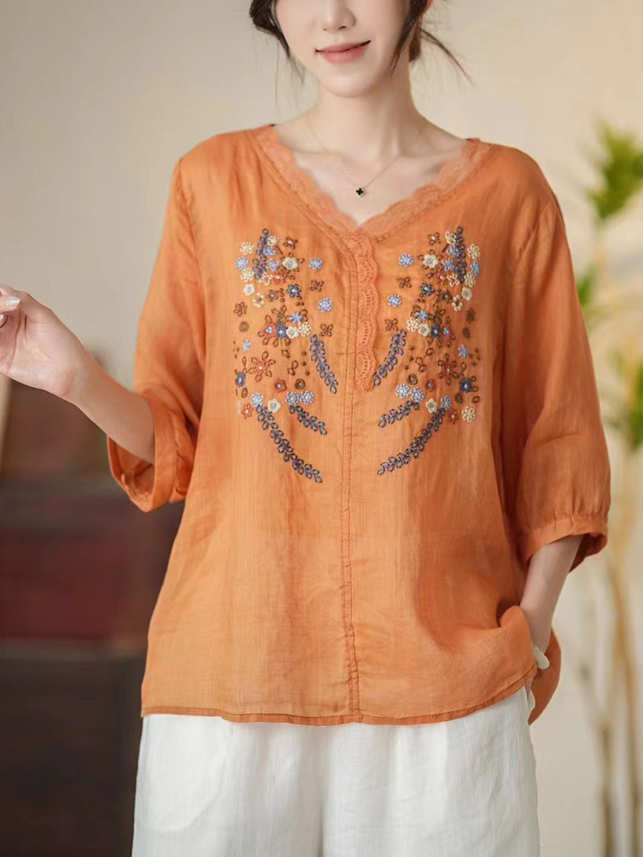 Women Summer Artsy Floral Embroidery V-Neck Ramie Shirt CC009