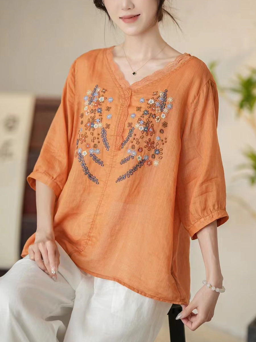 Women Summer Artsy Floral Embroidery V-Neck Ramie Shirt CC009