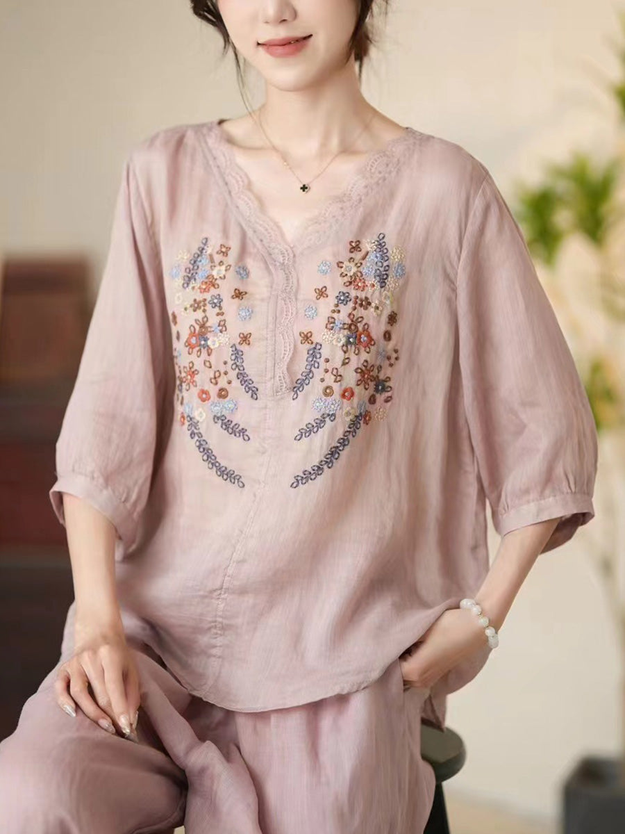 Women Summer Artsy Floral Embroidery V-Neck Ramie Shirt CC009