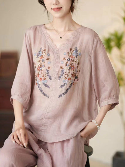 Women Summer Artsy Floral Embroidery V-Neck Ramie Shirt CC009