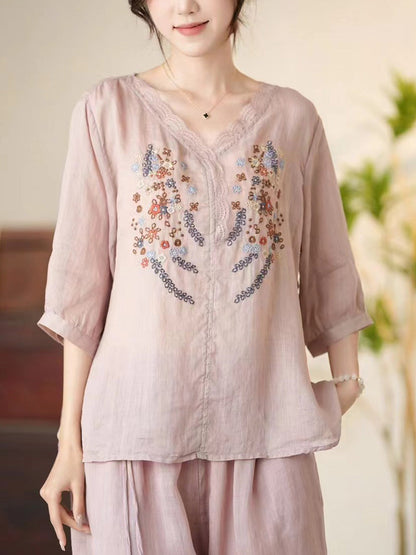 Women Summer Artsy Floral Embroidery V-Neck Ramie Shirt CC009
