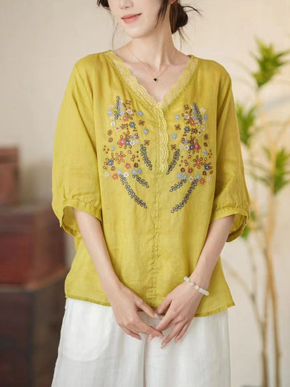 Women Summer Artsy Floral Embroidery V-Neck Ramie Shirt CC009