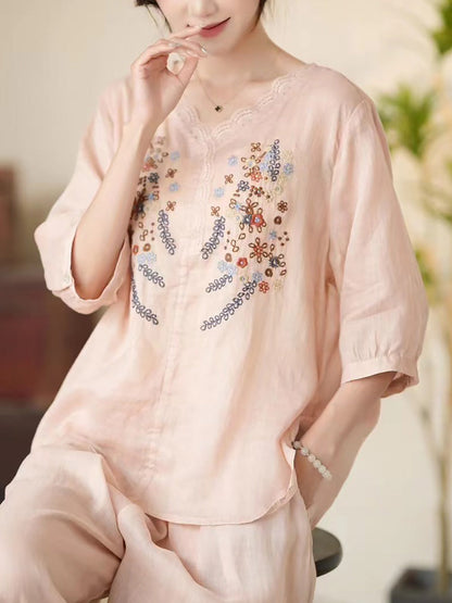 Women Summer Artsy Floral Embroidery V-Neck Ramie Shirt CC009