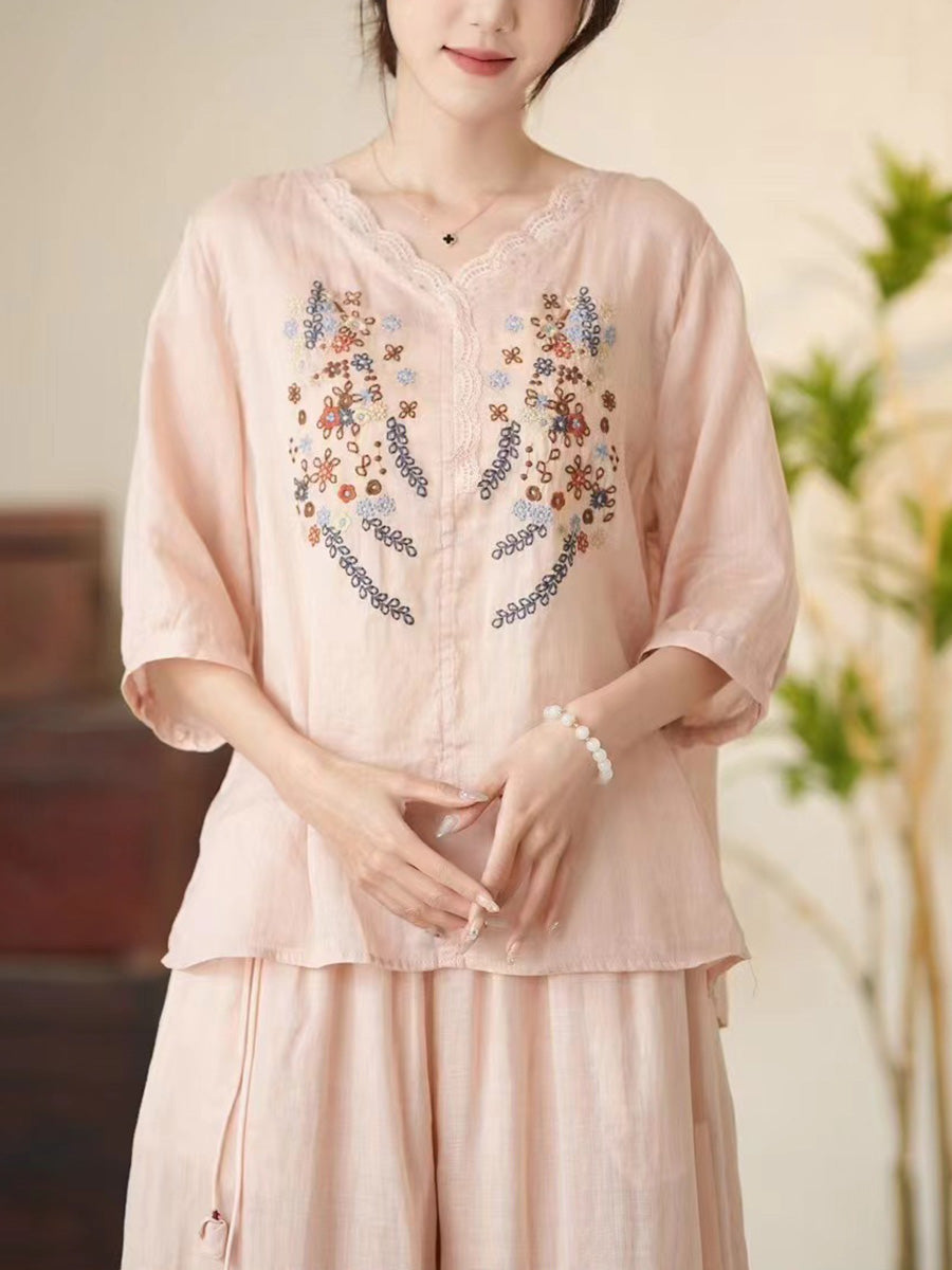 Women Summer Artsy Floral Embroidery V-Neck Ramie Shirt CC009