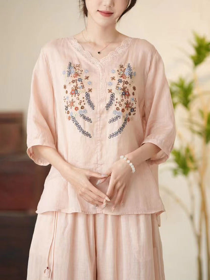 Women Summer Artsy Floral Embroidery V-Neck Ramie Shirt CC009