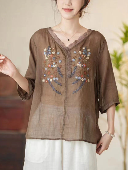 Women Summer Artsy Floral Embroidery V-Neck Ramie Shirt CC009