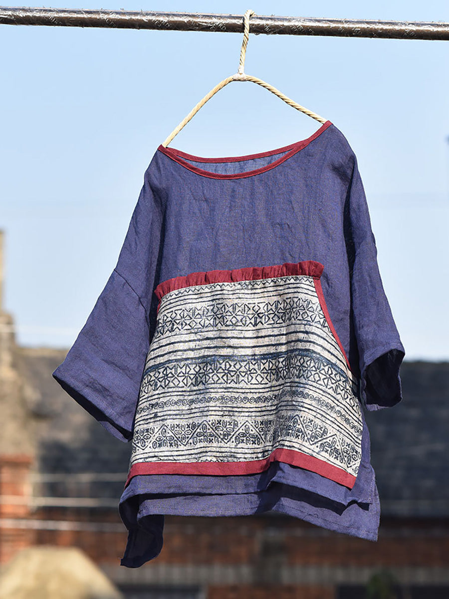 Women Summer Ethnic Flower Spliced O-Neck Ramie Shirt CC016