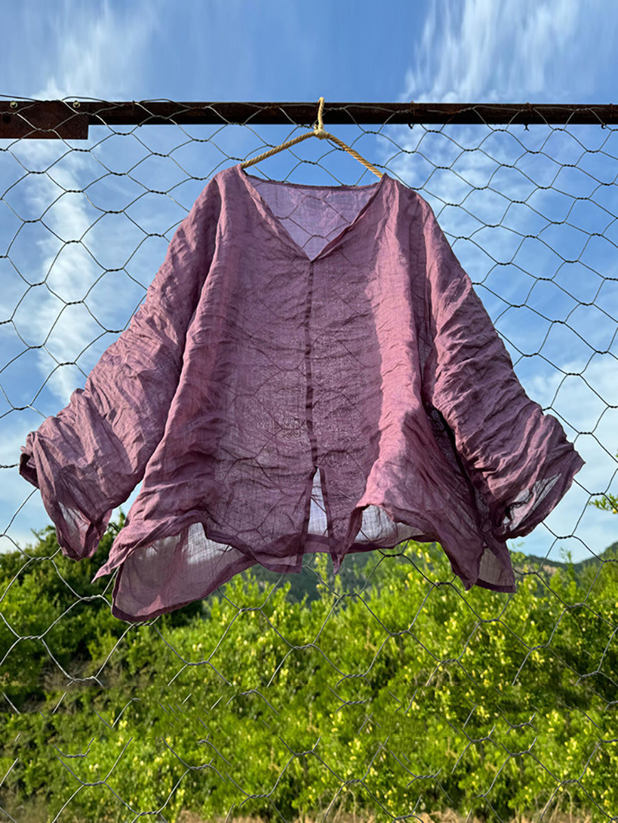 Women Summer Retro Solid V-Neck Ramie Shirt CX026