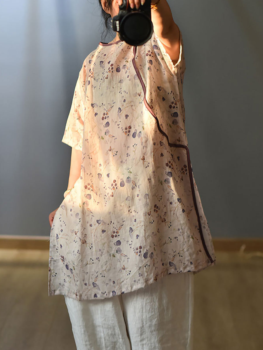 Women Summer Retro 100% Ramie Floral Print Shirt CX038