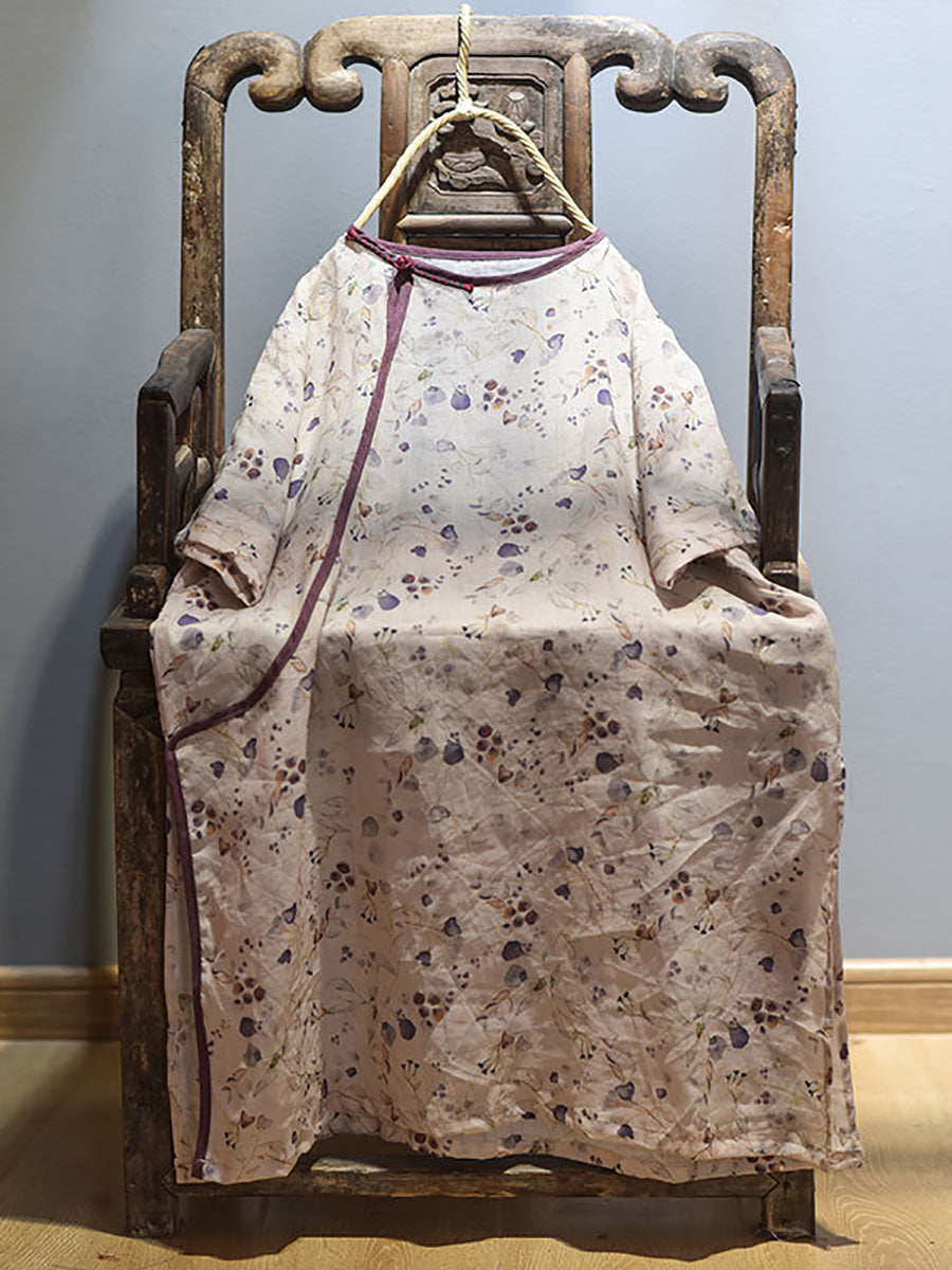 Women Summer Retro 100% Ramie Floral Print Shirt CX038