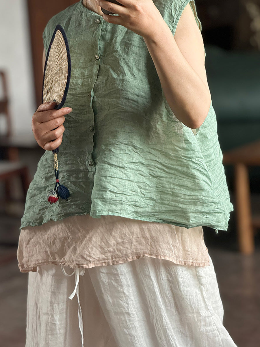 Vest Women Summer Loose Vintage Solid Ramie