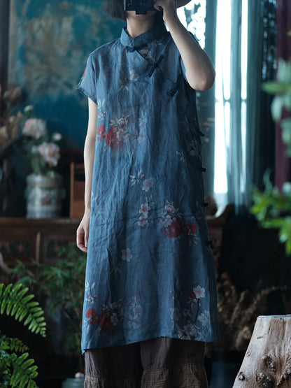 Women Summer Vintage Flower Robe Ramie Dress FD027