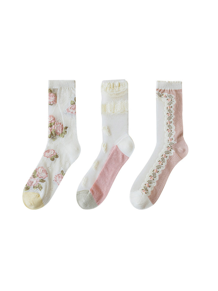 3 Pairs Women Artsy Thin Flower  Lace Socks FD034