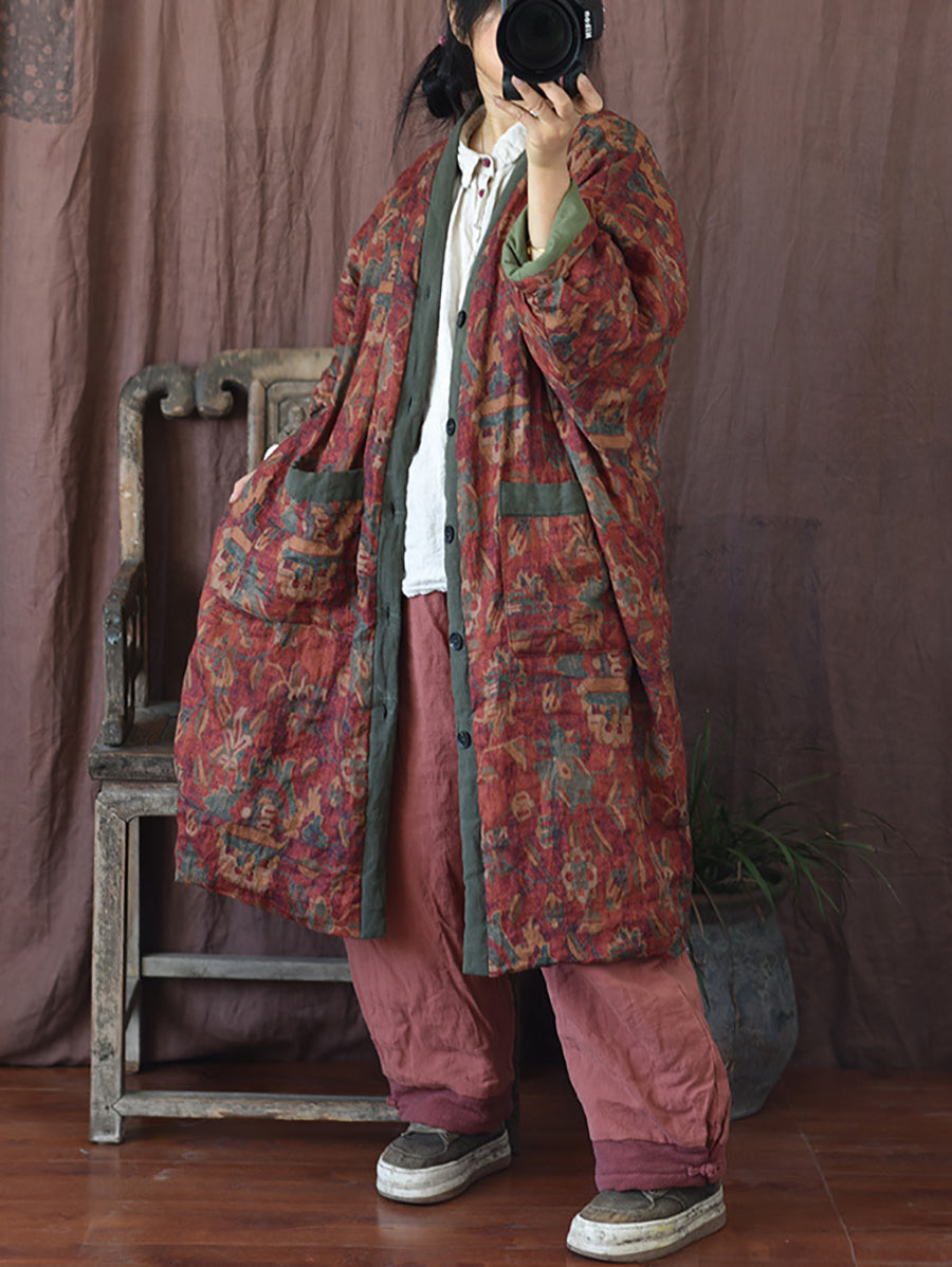 Women Winter Flower V-Neck Linen Cotton Padded Coat RR027