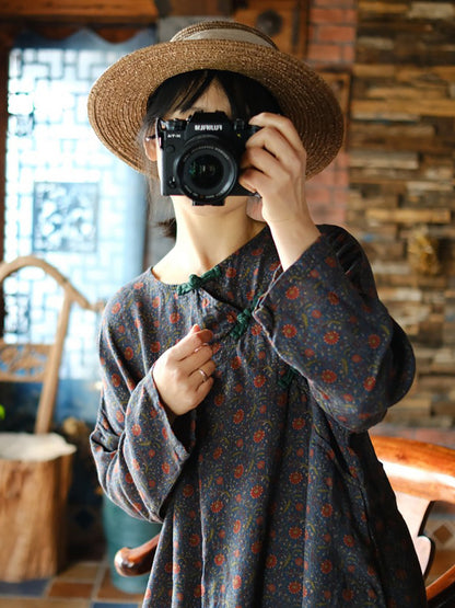 Women Autumn Vintage Floral O-Neck Cotton Dress RR018