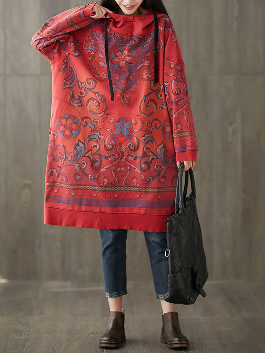 Women Vintage Flower Autumn Hooded Dress AS1041