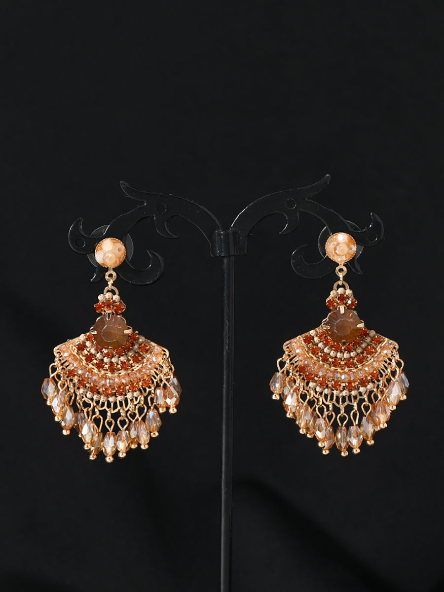 Women Vintage Crystal Tassel Fan Shape Earrings AS1028