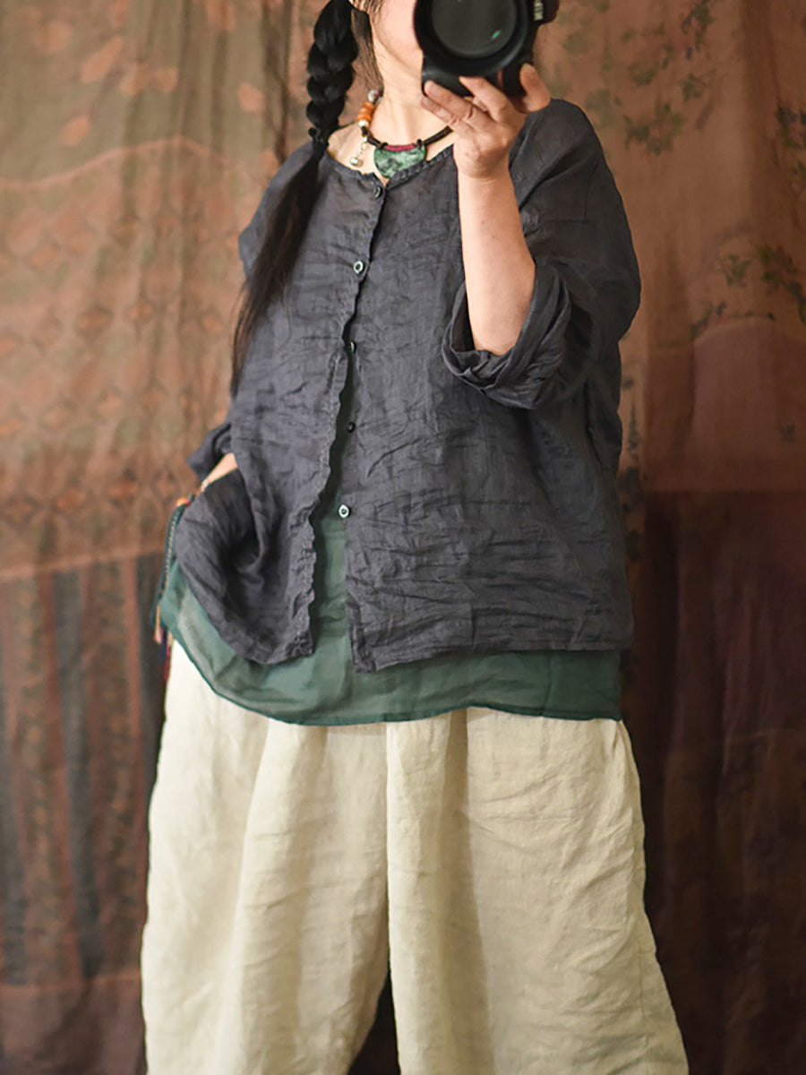 Women Summer Vintage Stitching Button Ramie Blouse AT1063