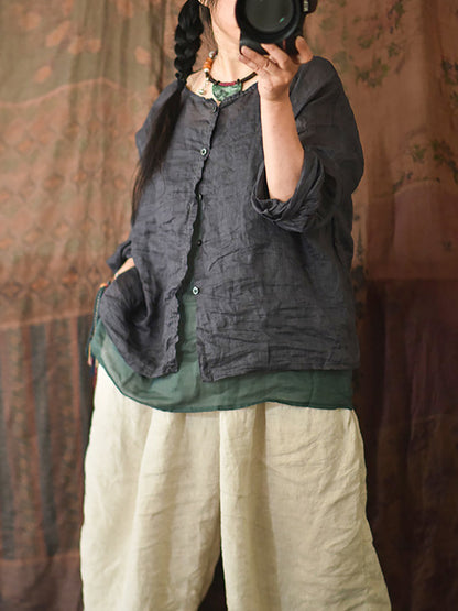 Women Summer Vintage Stitching Button Ramie Blouse AT1063