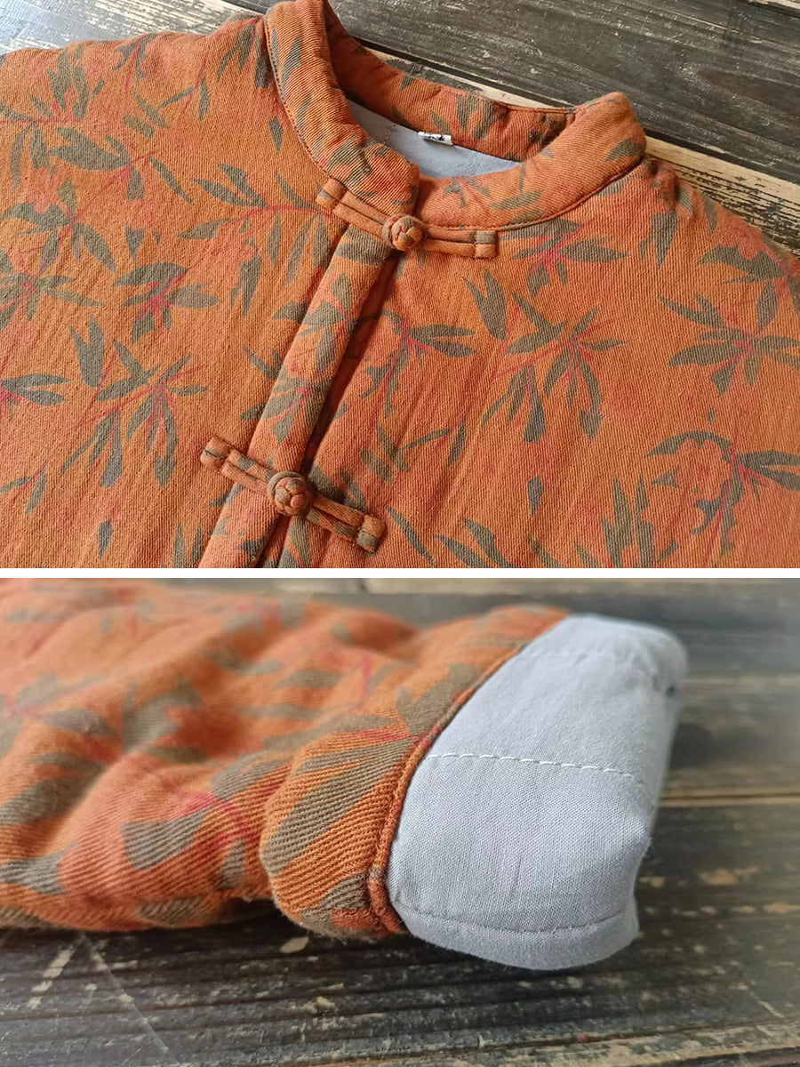 Women Autumn Vintage Leaf Print Cotton Long Coat AS1013