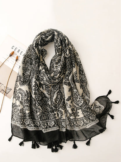 Women Artsy Flower Black White Tassel Shawl Scarf AS1011