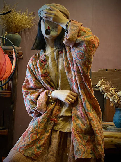 Women Vintage Autumn Print 100%Linen Button-up Coat AH1015