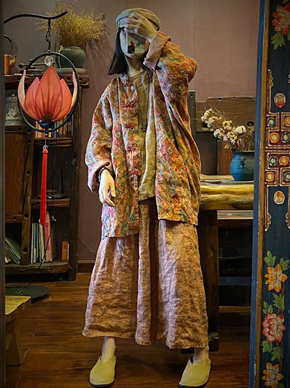 Women Vintage Autumn Print 100%Linen Button-up Coat AH1015