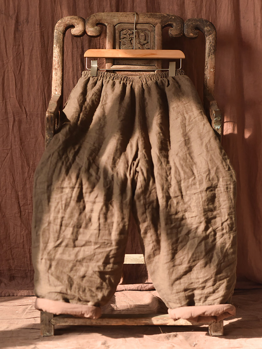 Women Autumn Retro Pure Color Padded Linen Harem Pants AK1020