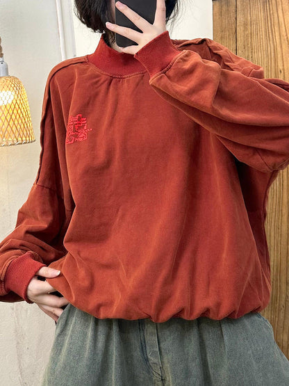Women Autumn Embroidery Cotton Turtleneck Sweatshirt AK1030