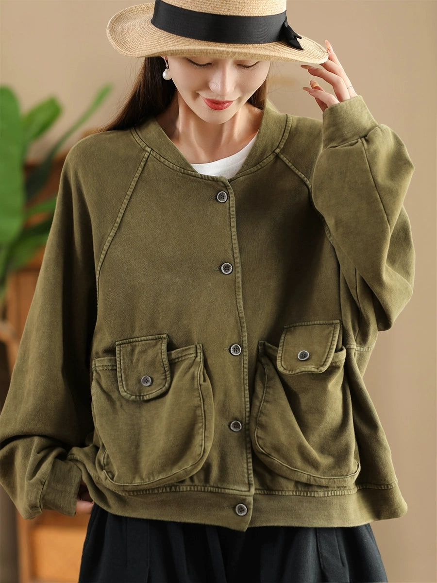 Women Retro Pure Color Stand Collar Pocket Cotton Coat AX1008