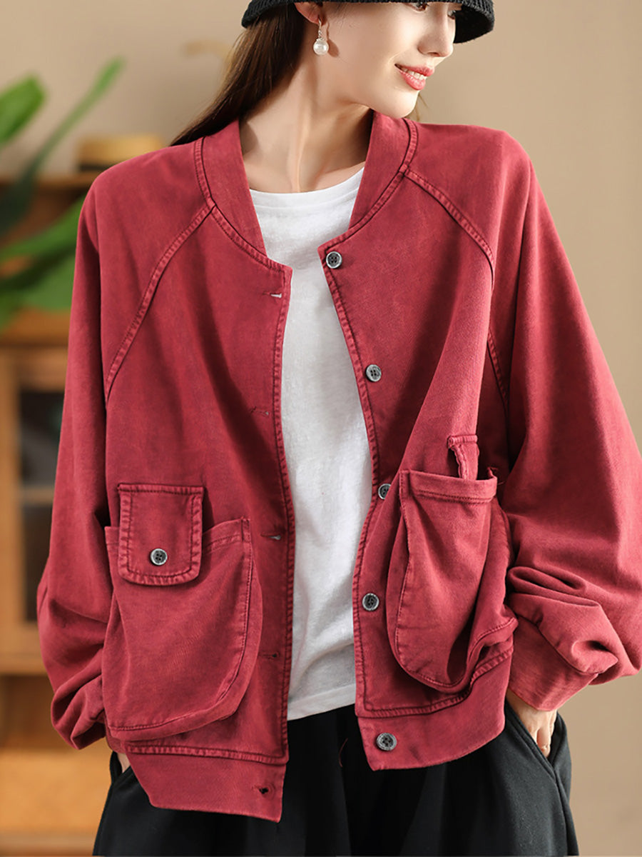 Women Retro Pure Color Stand Collar Pocket Cotton Coat AX1008