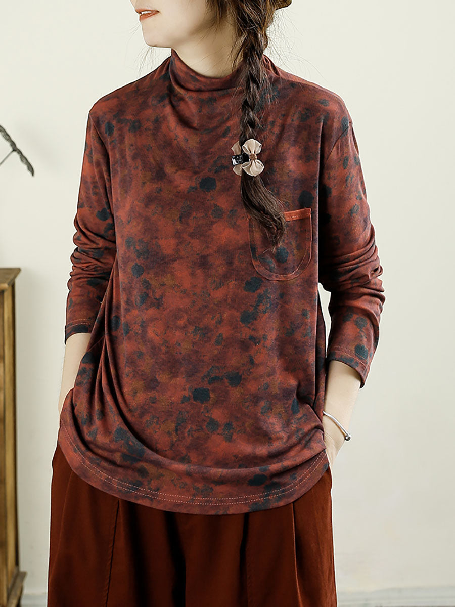 Women Autumn Artsy Floral Turtleneck Pocket Cotton Blouse AX1043