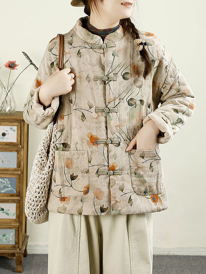 Women Ethnic Autumn Flower Cotton Stand Collar Coat AX1042